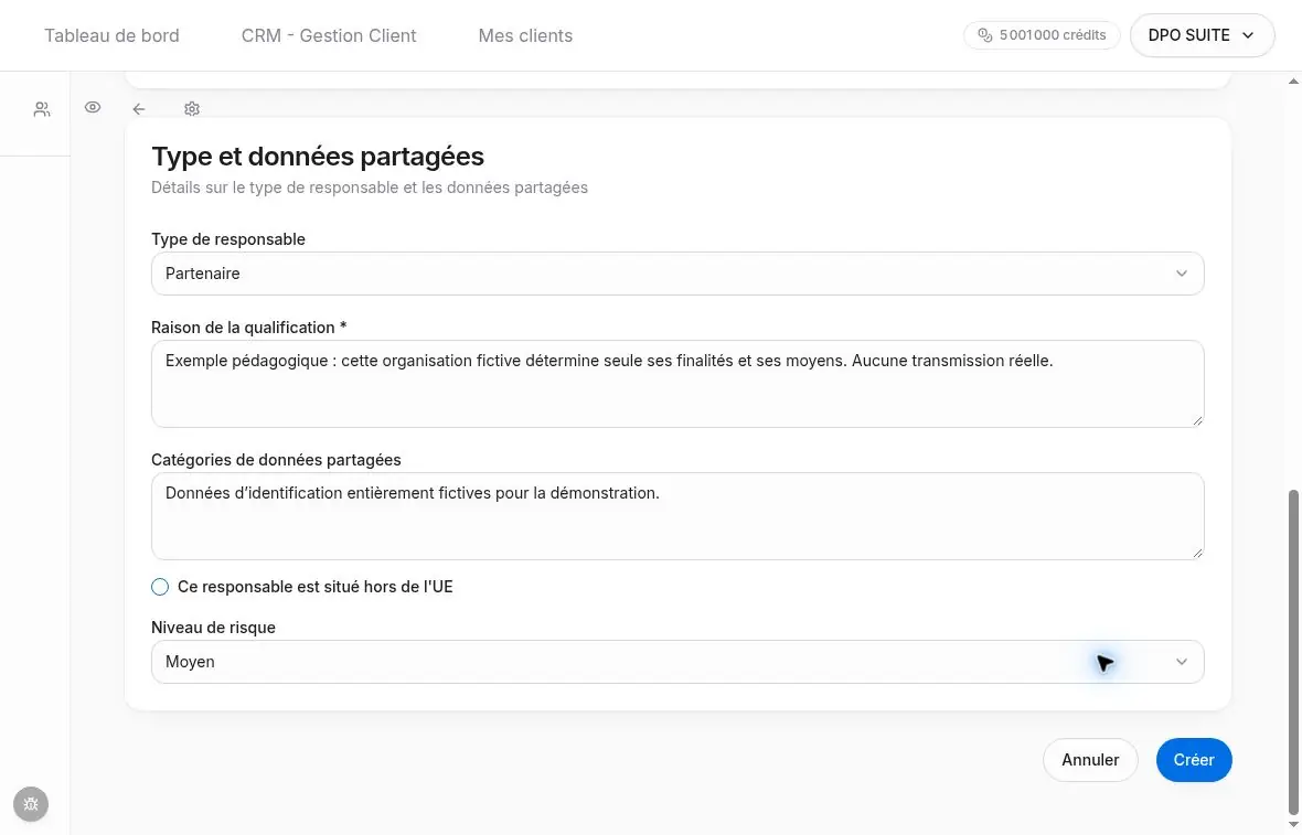 Type de responsable, justification et données partagées dans une fiche fictive.