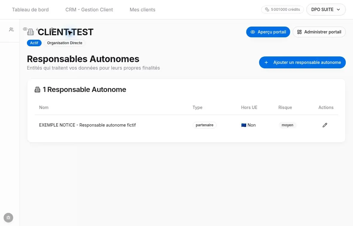 Fiche fictive enregistrée dans la liste des responsables autonomes.