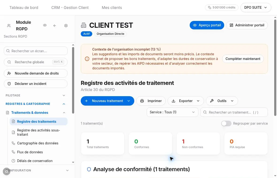 Accès au registre depuis le menu Traitements & données dans CLIENT TEST.