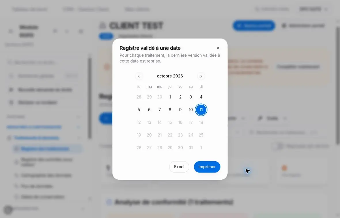 Date de référence et choix Excel ou Imprimer.