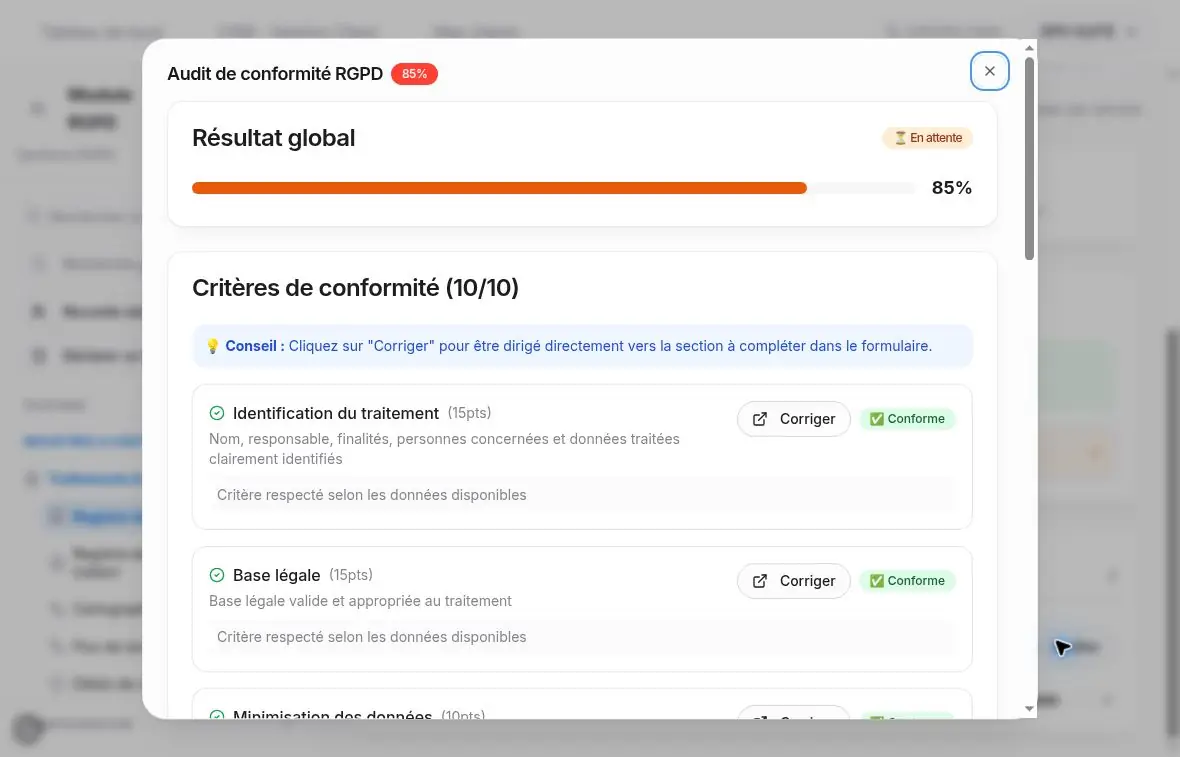 Résultat global et début des critères dans le panneau d’audit, sans validation de l’audit.