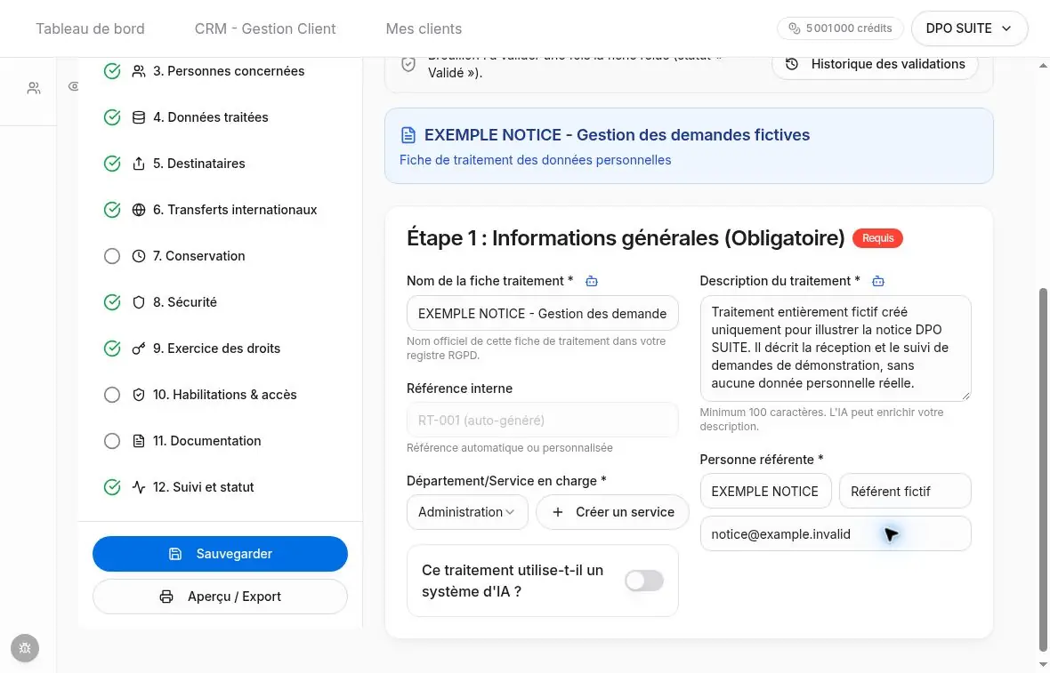 Nom, service, description et informations de la personne référente.