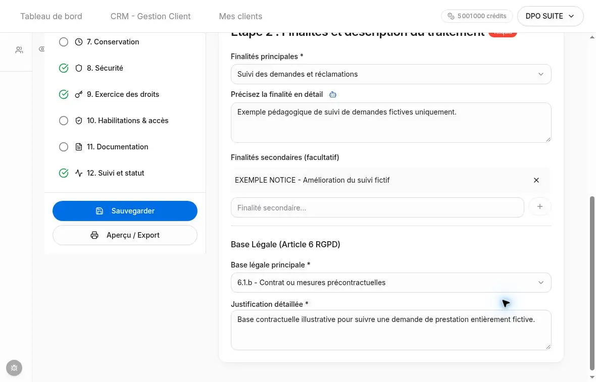 Finalité principale restituée après sauvegarde et réouverture du traitement fictif.