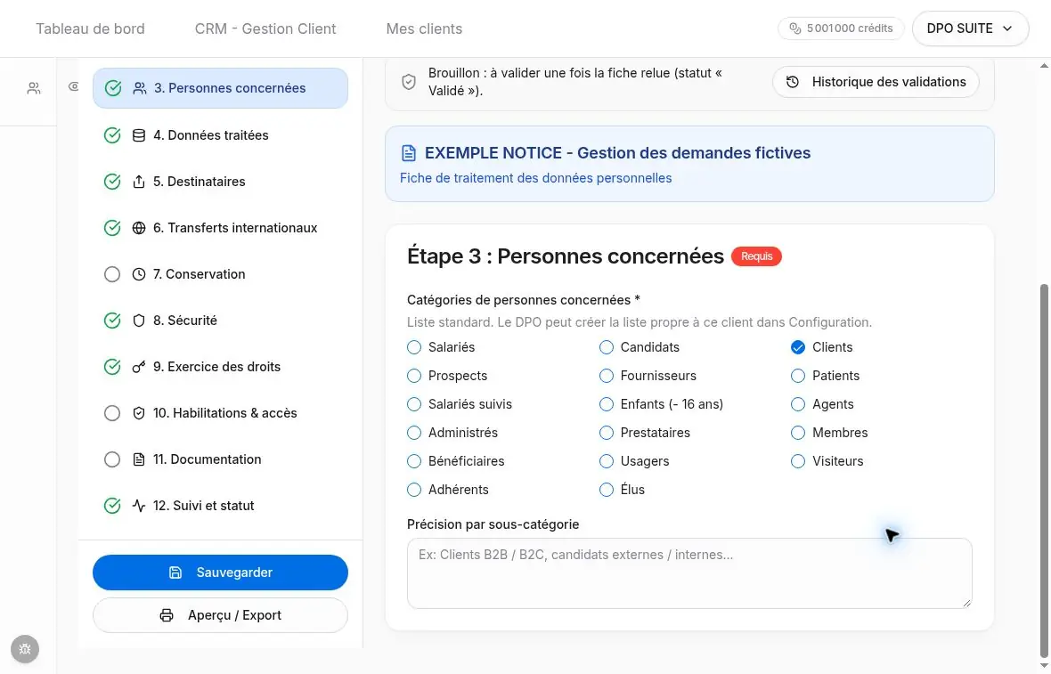Catégories de personnes et précisions par sous-catégorie.