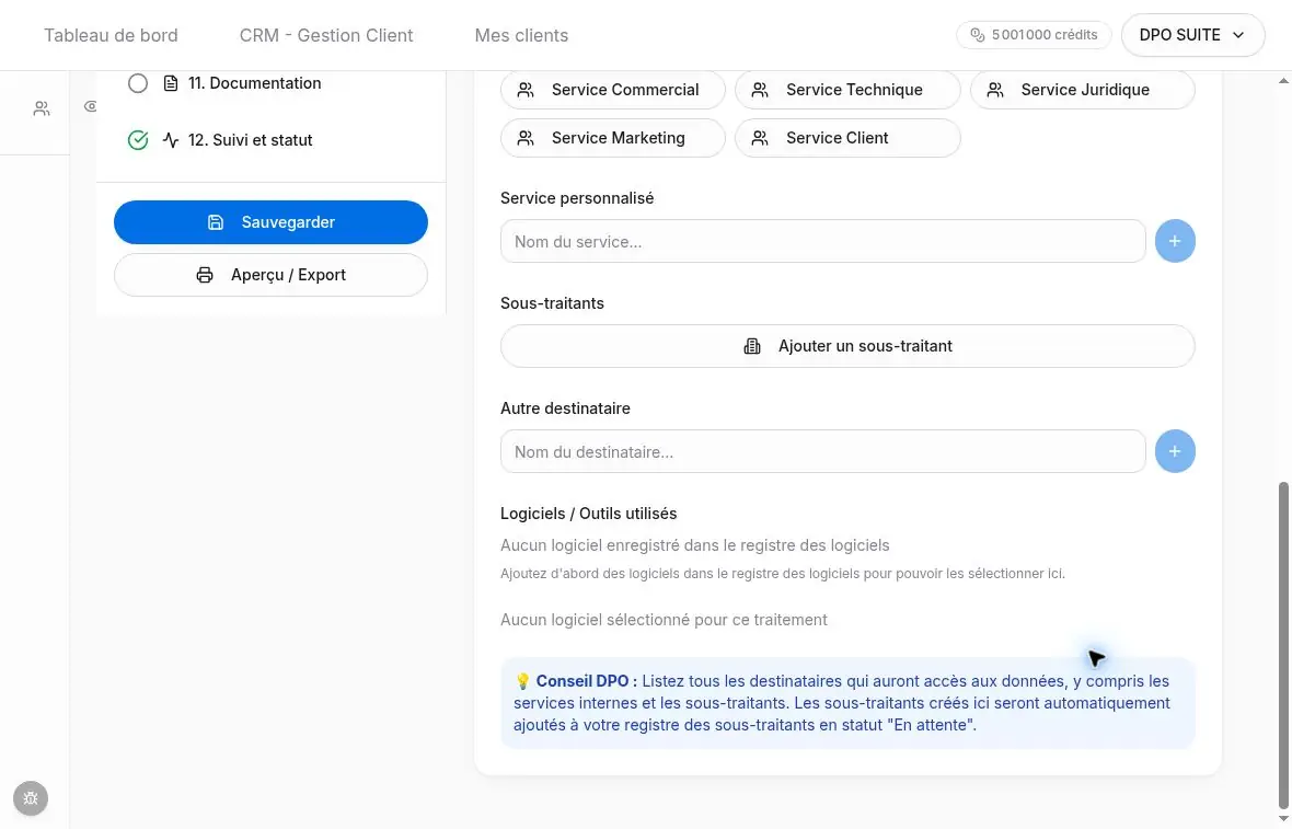 Ajout de destinataires et consultation des logiciels disponibles.