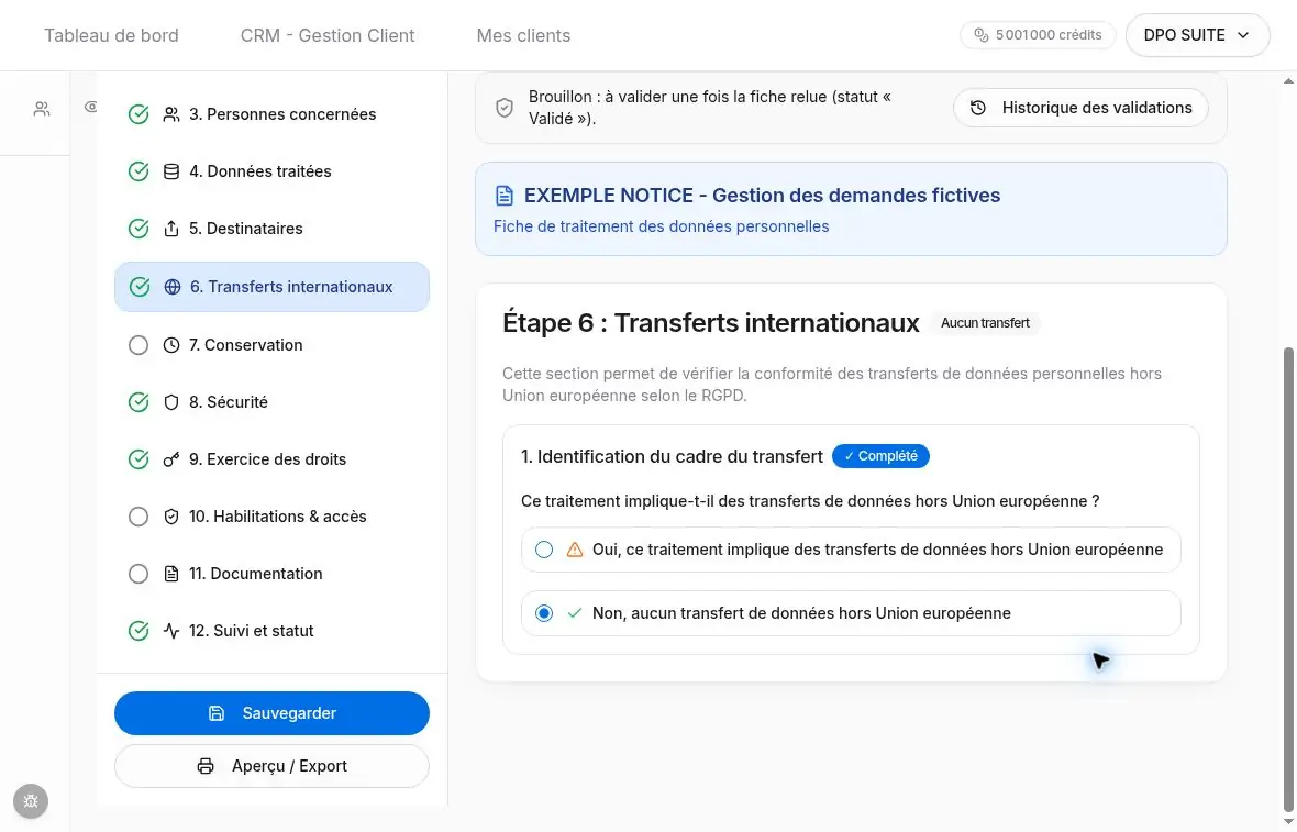 Option Non sélectionnée dans la section Transferts internationaux.