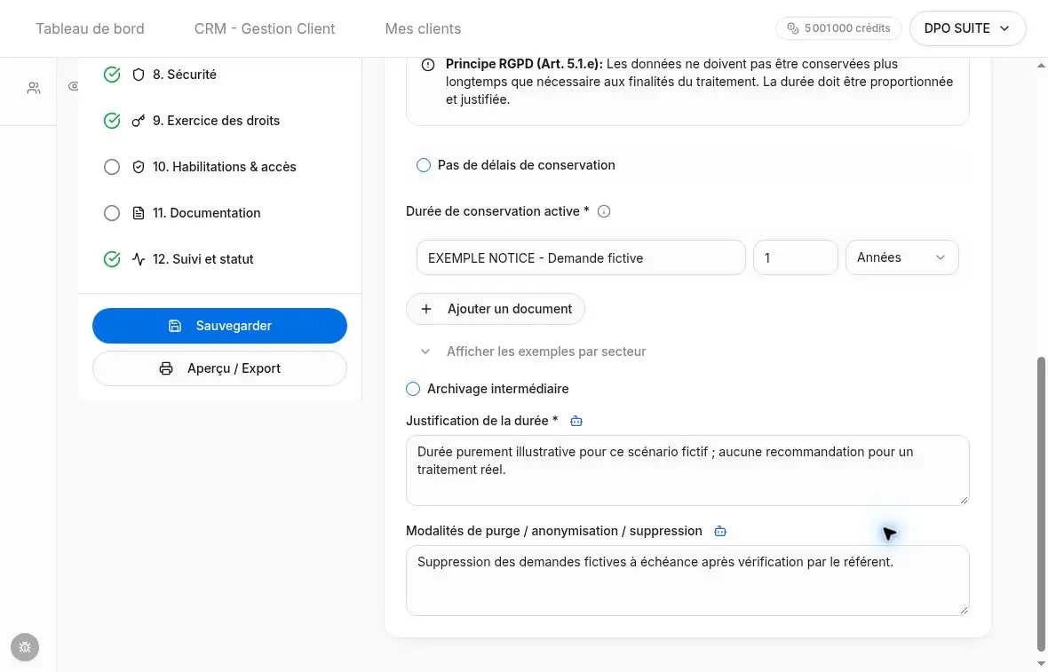 Exemple fictif de ligne documentaire, durée et justification; la valeur illustrée ne constitue pas une recommandation.