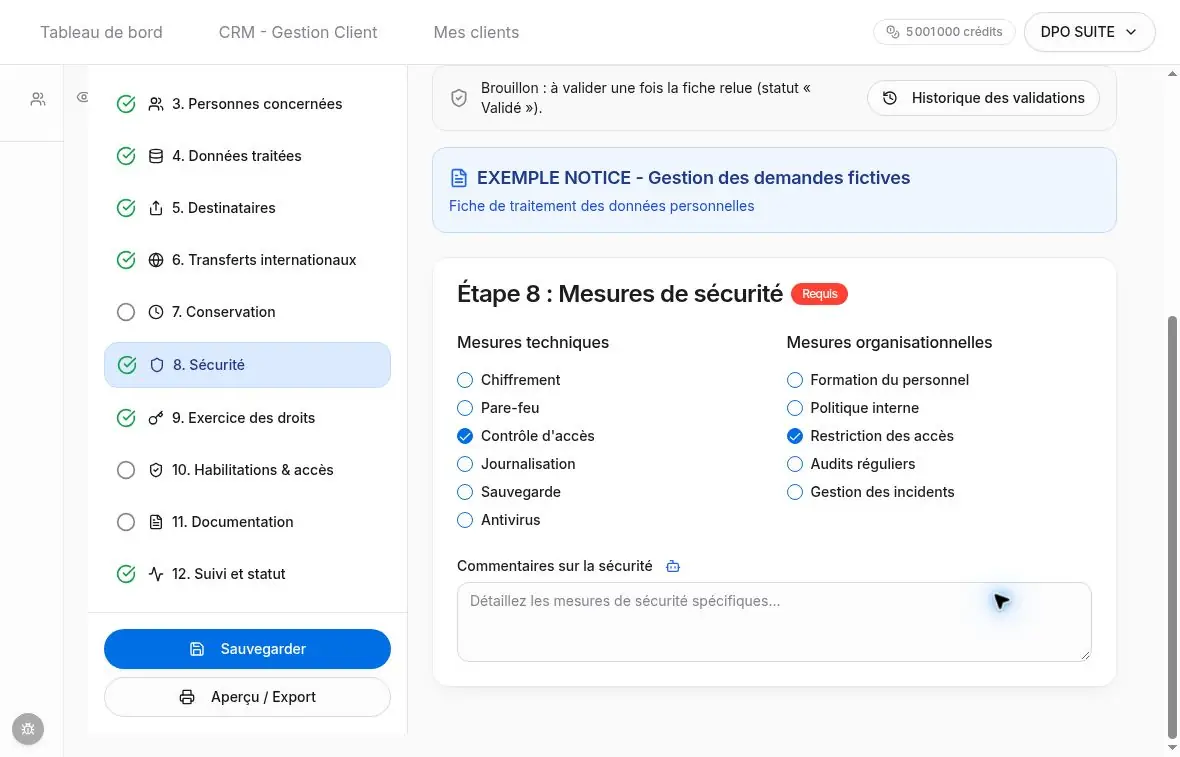 Mesures techniques, mesures organisationnelles et commentaires de sécurité.