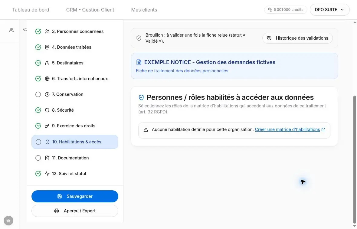État sans matrice d’habilitations et lien vers sa création.
