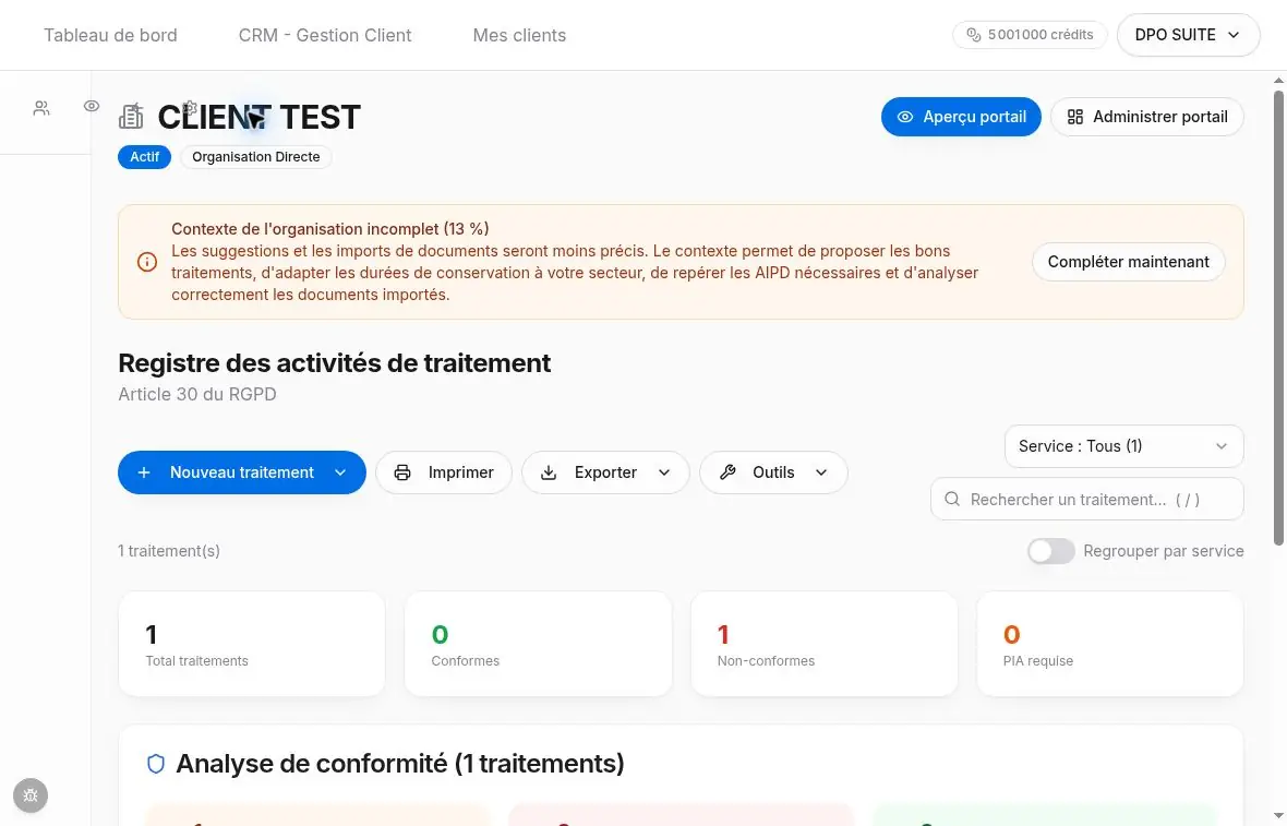 Le registre contient le traitement fictif après rechargement complet.