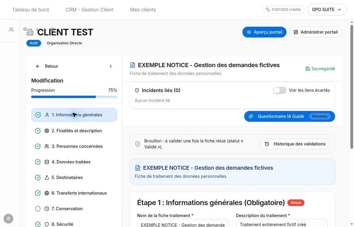 Accès au Questionnaire IA Guidé depuis l’éditeur de fiche.