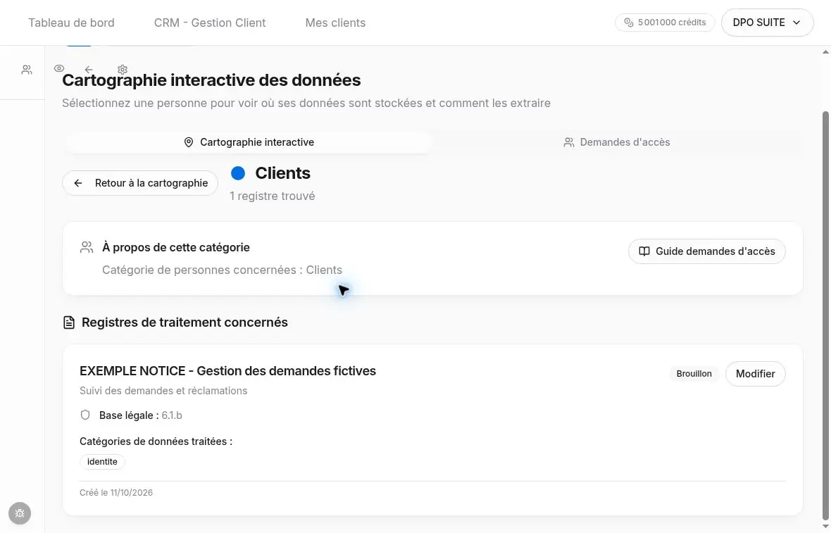 Détail de la catégorie Clients et traitement associé.