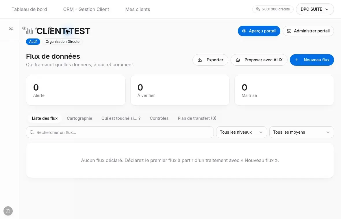 Liste des flux, filtres et accès aux vues complémentaires.