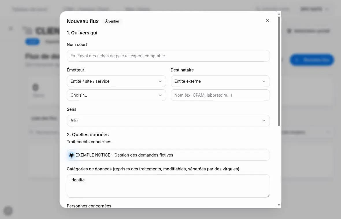 Haut du formulaire Nouveau flux avec émetteur, destinataire et données.