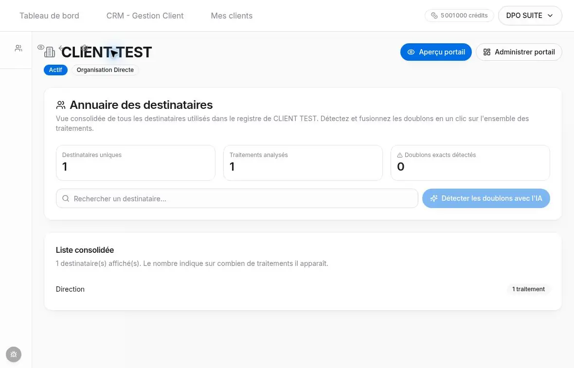 Direction apparaît dans l’annuaire et est associé à un traitement.